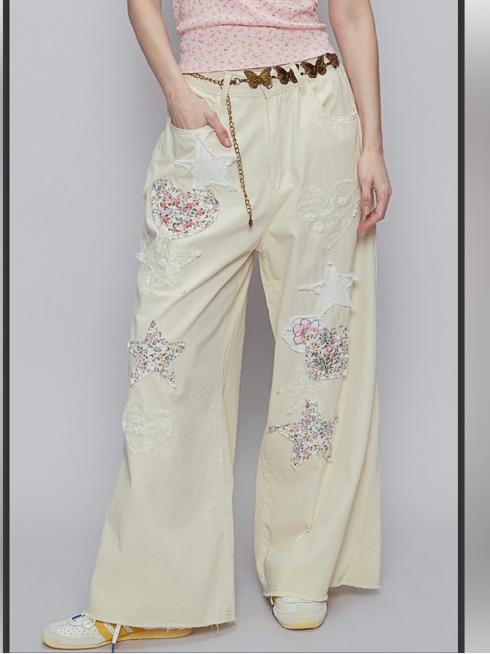 New: POL “Heart + Stars” Distressed Mixed Embroidery Patchwork Wide Leg Pants• M